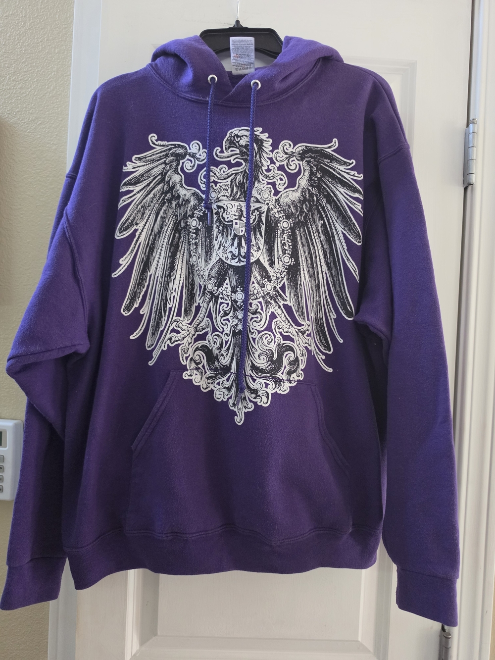 Jerzees Purple Hoodie with White Eagle Crest Graphic